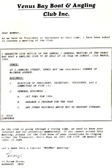 VBBAC Notice of AGM, March 1994